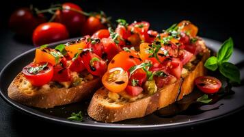 Foto von Bruschetta mit frisch Tomaten wie ein Gericht im ein hochwertig Restaurant. generativ ai