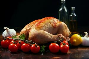 Restaurants kulinarisch Freude frisch Huhn, beschwingt Tomaten, dunkel Küche Ambiente, ein köstlich Ensemble ai generiert foto