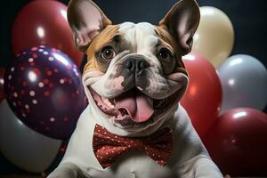 froh Jack Russell, Kuchen, rot binden, Party Hut, Luftballons Weiß Hintergrund Feier ai generiert foto