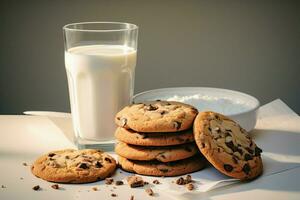 ein herrlich Frühstück Paarung genießen ein lecker Schokolade Chip Plätzchen und Milch ai generiert foto