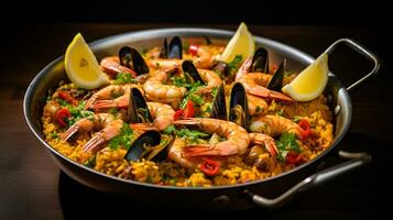 Foto von Karibik Meeresfrüchte Paella wie ein Gericht im ein hochwertig Restaurant. generativ ai