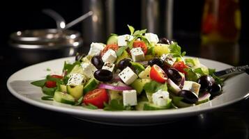 Foto von griechisch Salat wie ein Gericht im ein hochwertig Restaurant. generativ ai