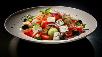 Foto von griechisch Salat wie ein Gericht im ein hochwertig Restaurant. generativ ai