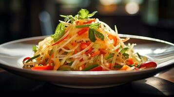 Foto von Grün Papaya Salat wie ein Gericht im ein hochwertig Restaurant. generativ ai