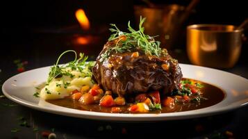 Foto von Lamm Schaft osso buco wie ein Gericht im ein hochwertig Restaurant. generativ ai