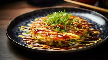 Foto von okonomiyaki wie ein Gericht im ein hochwertig Restaurant. generativ ai