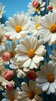 oben Aussicht zierlich Weiß Kamille Blumen auf Sanft Blau Himmel Segeltuch Vertikale Handy, Mobiltelefon Hintergrund ai generiert foto