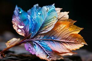 beschwingt Blatt ruht auf ein Oberfläche, präsentieren Regenbogen Farbtöne im natürlich Erleuchtung ai generiert foto