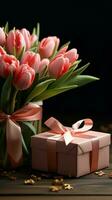 ein herrlich Kombination Tulpe Blumen und Geschenk Box auf rustikal Tischplatte Vertikale Handy, Mobiltelefon Hintergrund ai generiert foto
