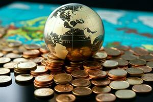global Geschäft Konzept schließen oben von Mini Welt Ball auf ein Münze Stapel ai generiert foto