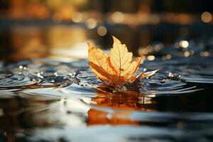 Stürze Schönheit reflektiert Orange Blatt gleitet auf Ruhe See, heiter Park ai generiert foto