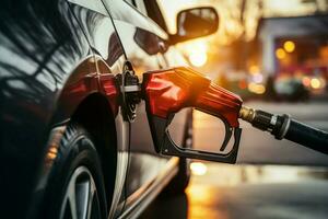 präzise Moment Mann besucht zu Auto Auftanken beim Gas Bahnhof oben schließen ai generiert foto