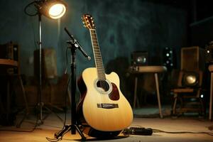 im das Aufzeichnung Studio, ein akustisch Gitarre wartet es ist Zeit zu harmonisieren. ai generiert foto