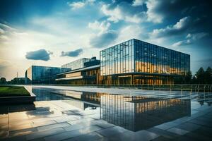 glatt und groß, das modern Büro Gebäude Befehle Beachtung mit es ist zeitgenössisch Größe. ai generiert foto