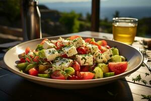 lecker Mittelmeer Gericht, griechisch Salat mit Feta Käse, gelegt auf Tabelle ai generiert foto