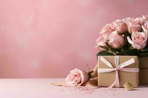 Mütter Tag Thema Rosa Rose Kraft Geschenk Box auf Rosa Tabelle Hintergrund. ai generiert foto