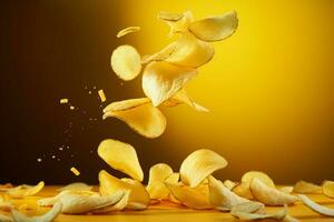 schweben Kartoffel Chips gegen beschwingt Gelb Hintergrund, Erfassen schnell Essen Vorbereitung locken ai generiert foto