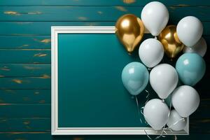 lebendig Kontrast beschwingt Luftballons, Weiß Rahmen erheben Blau hölzern Tisch, oben Aussicht ai generiert foto