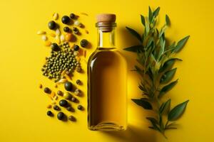 aromatisch Gewürze schmücken Olive Öl Flasche auf ein beschwingt Gelb Hintergrund ai generiert foto