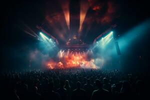 ai generativ überfüllt Konzert Bühne Landschaft mit Scheinwerfer und farbig Beleuchtung realistisch Bild, Ultra hd foto