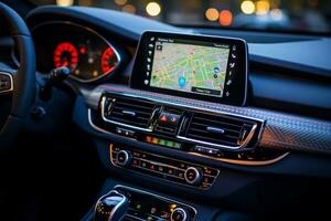 im Auto Geographisches Positionierungs System Anwendung, Smartphone Anzeigen Navigation Karte zum nahtlos Reise ai generiert foto