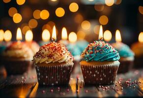 ai generativ Geburtstag Cupcakes mit verwischen Hintergrund bunt Luftballons realistisch Bild, Ultra hd, hoch Design sehr foto