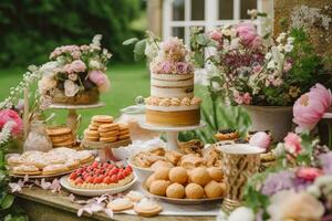 Hochzeit Kuchen mit Blumen- Dekor, Party Feier und Urlaub Dessert Gastronomie im ein Land Garten, generativ ai foto