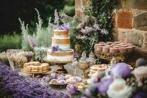 Hochzeit Kuchen mit Lavendel Blumen- Dekor, Party Feier und Urlaub Dessert im ein Landschaft Garten, Veranstaltung Essen Gastronomie, Land Hütte Stil, generativ ai foto