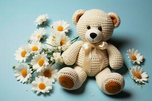 handgemacht Teddy Bär geschmückt mit Gänseblümchen, einstellen gegen ein Baby Blau Hintergrund ai generiert foto