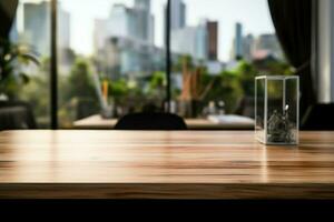 ein hölzern Tisch, Leere von Unordnung, einstellen gegen ein modern Büro Hintergrund ai generiert foto
