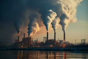 Fabrik Schornsteine speien rauchig Dunst, industriell Zonen Luft Verschmutzung Drosseln Umfeld ai generiert foto