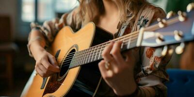 ein Seite Aussicht erfasst ein weiblich Musiker geschickt klimpern ein akustisch Gitarre. ai generiert foto