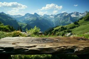 Mischung von Natur hölzern Tabelle gegen Berg und Gras Ideal zum Produkt Design ai generiert foto