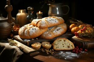 ein rustikal Tischplatte geschmückt mit Bäckerei Zutaten und Werkzeug, Text freundlich ai generiert foto