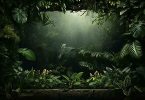 ai generativ schön Urwald Hintergrund mit Rand gemacht von tropisch Blätter Hintergrund mit Kopieren Raum foto