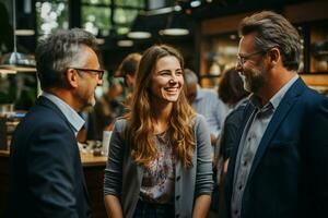 ai generativ Gruppe von glücklich Geschäft Mann und Geschäft Frauen, gekleidet im Anzüge sind lächelnd, im das Büro foto