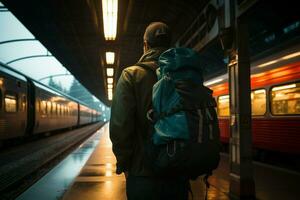 im Einsamkeit, ein Rucksackreisen Reisender navigiert das Zug Station geschäftig Korridore ai generiert foto