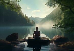 ai generativ Foto von ein Mann üben Achtsamkeit und Meditation im ein friedlich natürlich Umgebung Sony a7s realistisch Bild, Ultra hd, hoch Design sehr detailliert