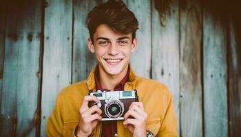 Lächeln Studio Schuss von gut aussehend jung Mann im beiläufig tragen halten retro Kamera in der Nähe von Gesicht und Fokussierung beim Du, generativ ai foto