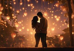 ai generativ ein Paar umarmen jeder andere auf Valentinstag Tag, Bereich beleuchtet durch das warm glühen von hängend Herzen foto