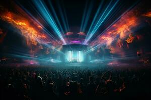 ai generativ überfüllt Konzert Bühne Landschaft mit Scheinwerfer und farbig Beleuchtung realistisch Bild, Ultra hd foto