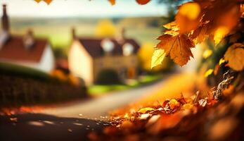 abstrakt Herbst Szene und Englisch Land Stil Haus Dorf auf Hintergrund, schön Landschaft Natur mit herbstlich Blätter und Bokeh, generativ ai foto