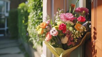 Blume Geschäft Lieferung und Urlaub Geschenk Post- Service, schön Strauß von Blumen auf ein Haus Haustür im das Landschaft, generativ ai foto