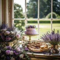 Hochzeit Kuchen mit Lavendel Blumen- Dekor, Party Feier und Urlaub Dessert im ein Landschaft Garten, Veranstaltung Essen Gastronomie, Land Hütte Stil, generativ ai foto