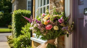 Blume Geschäft Lieferung und Urlaub Geschenk Post- Service, schön Strauß von Blumen auf ein Haus Haustür im das Landschaft, generativ ai foto