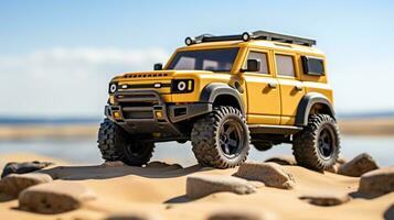 Anzeigen ein 3d Miniatur Offroad Wagen. generativ ai foto