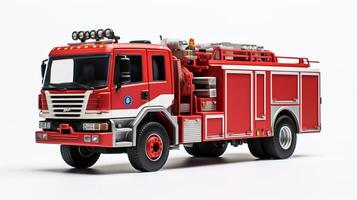 Anzeigen ein 3d Miniatur Feuerwehrauto. generativ ai foto