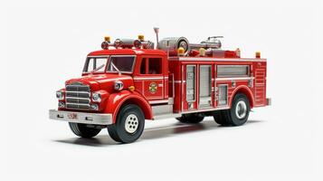 Anzeigen ein 3d Miniatur Feuerwehrauto. generativ ai foto