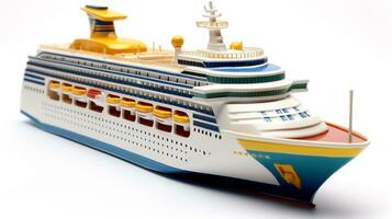Anzeigen ein 3d Miniatur Kreuzfahrt Schiff. generativ ai foto