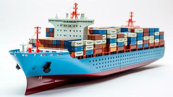 Anzeigen ein 3d Miniatur Container Schiff. generativ ai foto